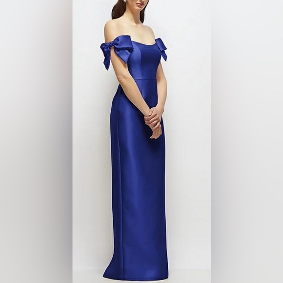 NEW Alfred Sung Bow Basque neck Off the Shoulder Satin Column Blue Gown Sz 14 - Picture 2 of 8